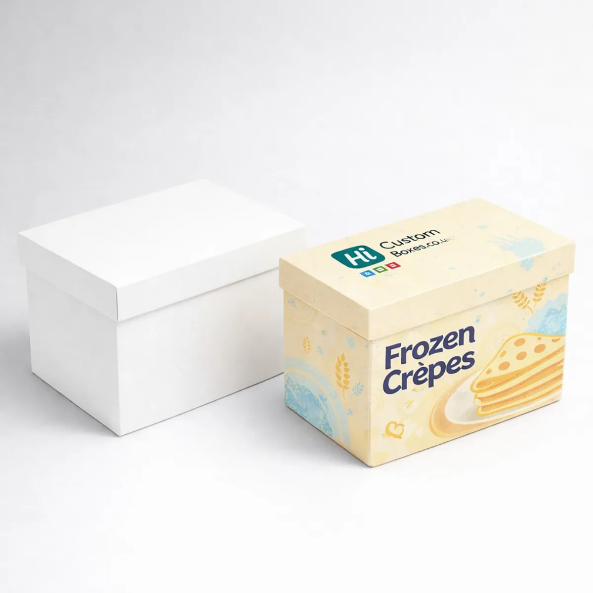 A stack of premium frozen crepe packaging boxes with a clean aesthetic and high-quality printed graphics- class=